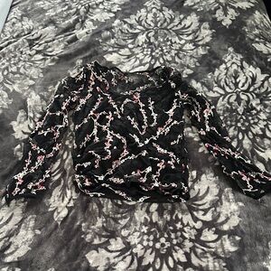 White House Black Market semi sheer Black and Pink Floral Blouse